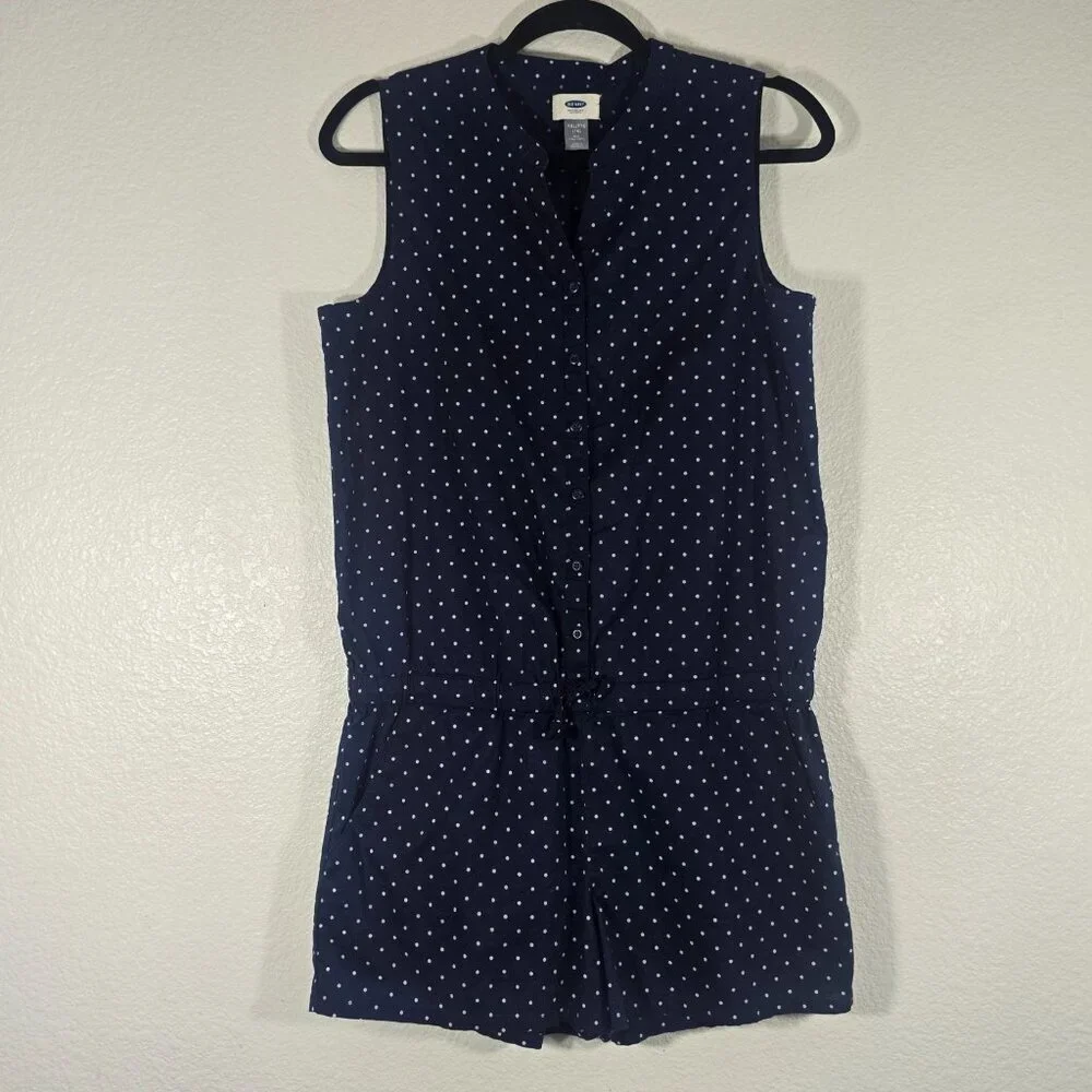 Old Navy Polka Dot Romper Girls Size XXL 16 Blue Button Tie Waist Sleeveless